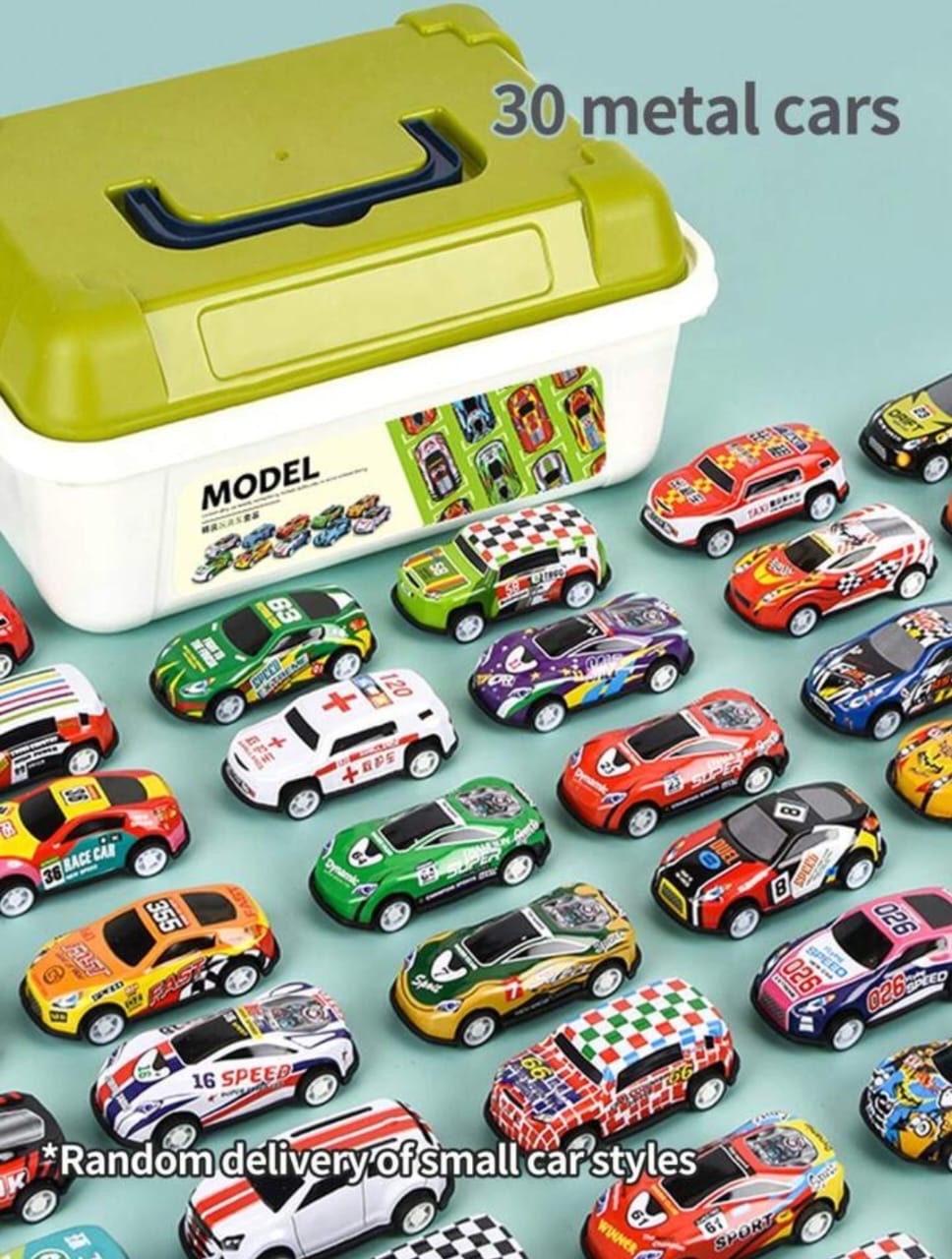 Pull back metal cars in a box