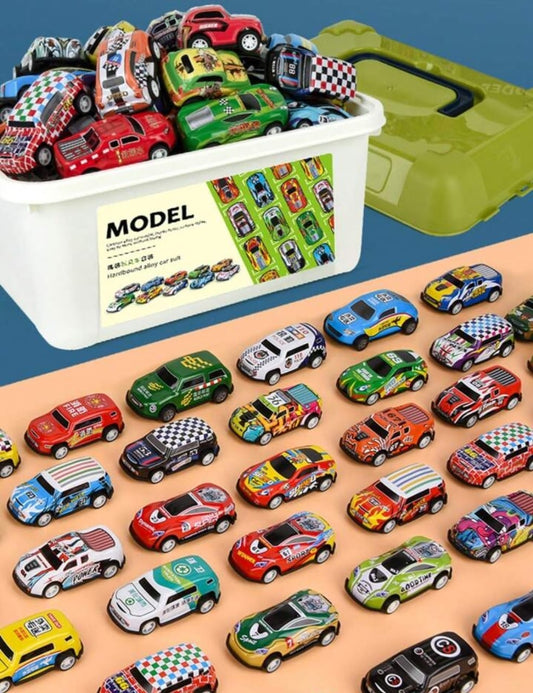 Pull back metal cars in a box